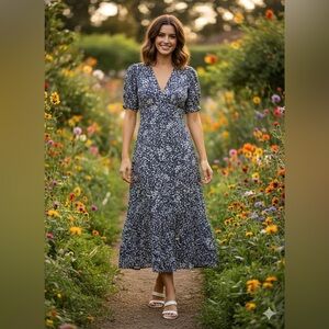 A New Day Crepe Puff Short Sleeve Midi Dress Navy Blue Floral
